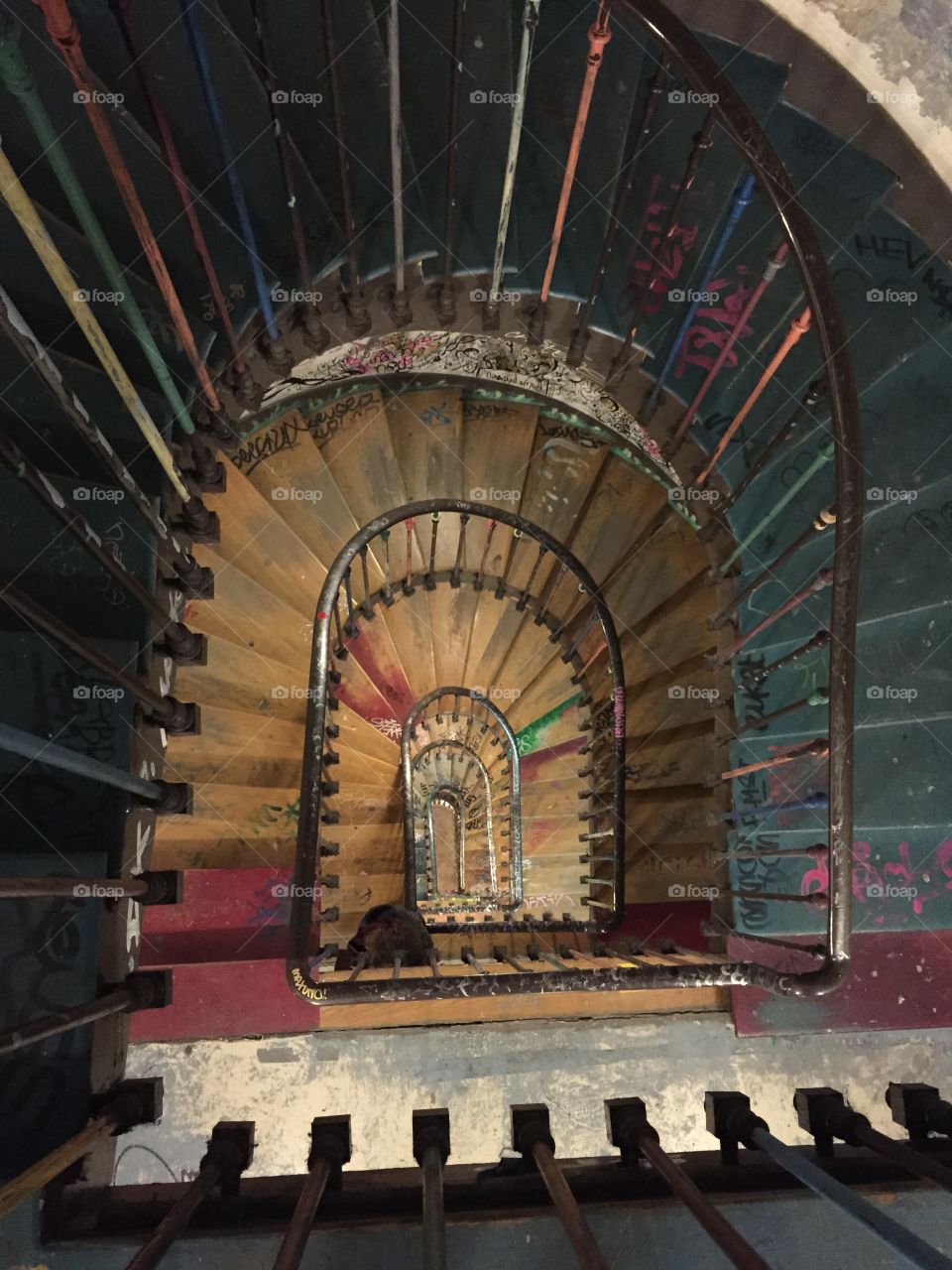 Staircase inside 59 rue de Rivoli which had been abandoned for 15 years before squatters took over in 1999 and  used it for exhibitions. 