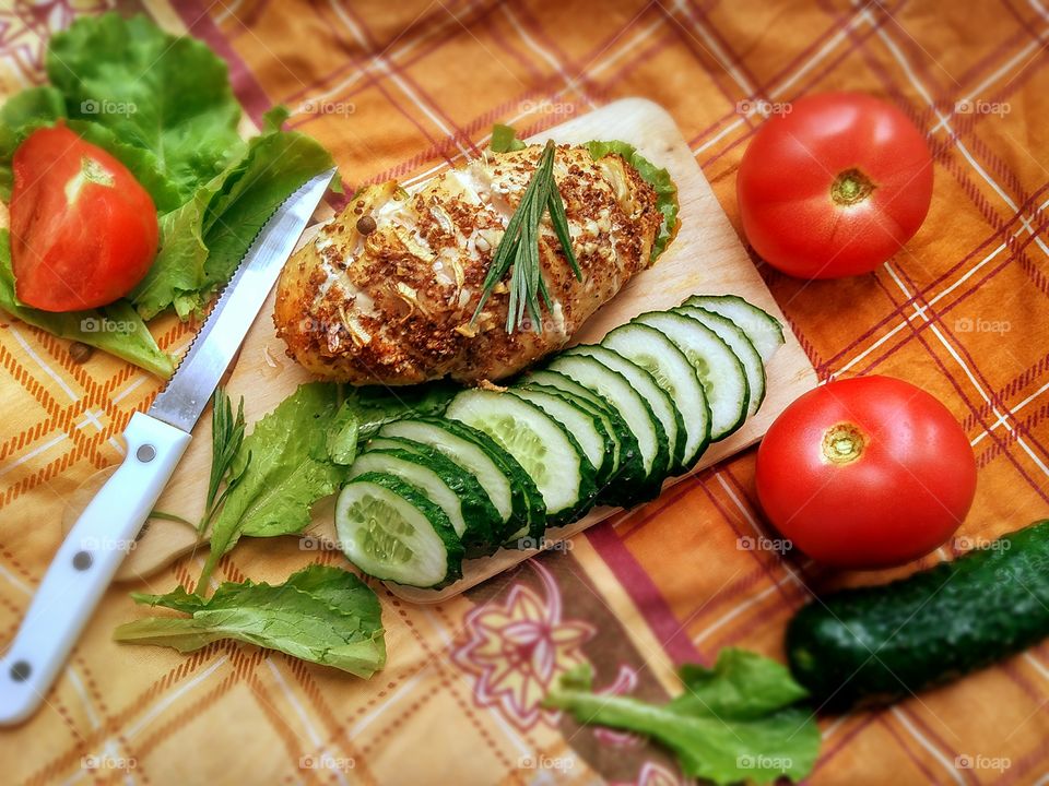 grilled chicken fillet and vegetables