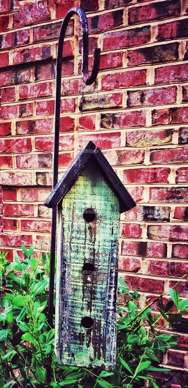 Rustic Handcrafted birdhouse shepherds hook red brick house 