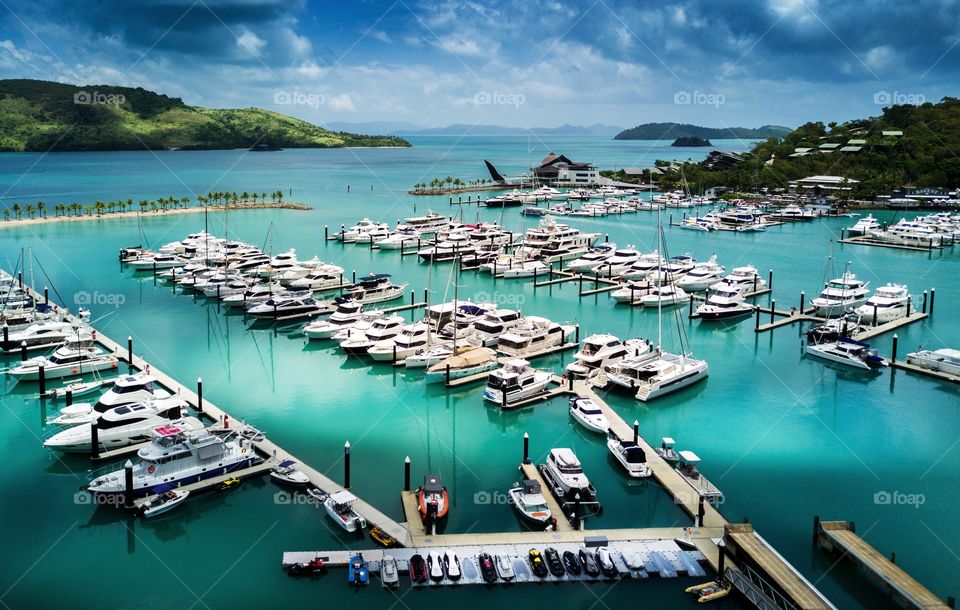 High angle view of boats moored at  marina