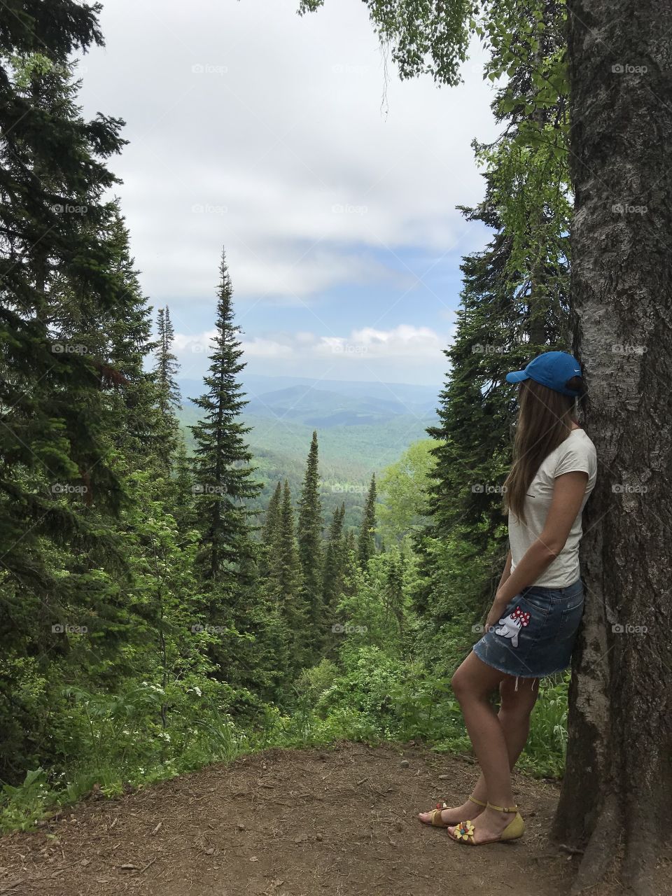 Girl on the mountain looks into the distance. View from the mountain. Hill with trees. Majestic spruce.
