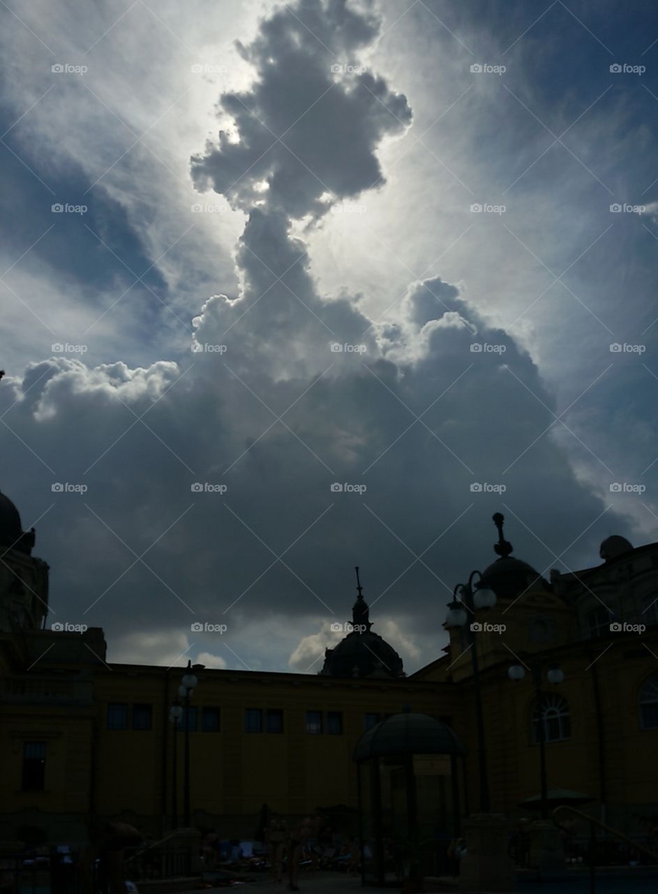 Summer storm clouds approaching Szechenyi Baths, Budapest, Hungary