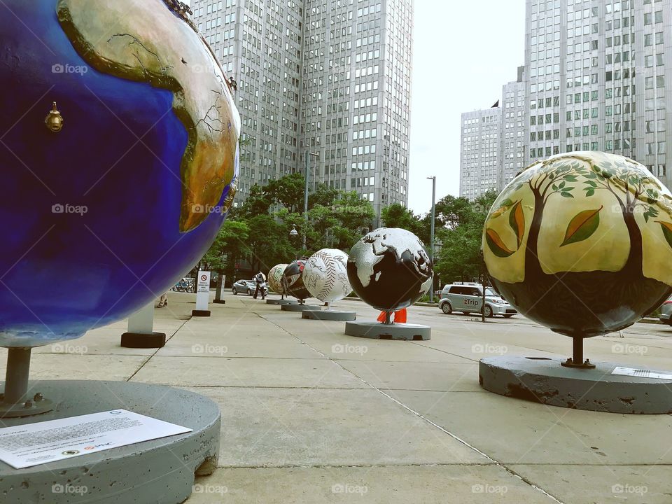 Globes on display, downtown Pittsburgh, PA