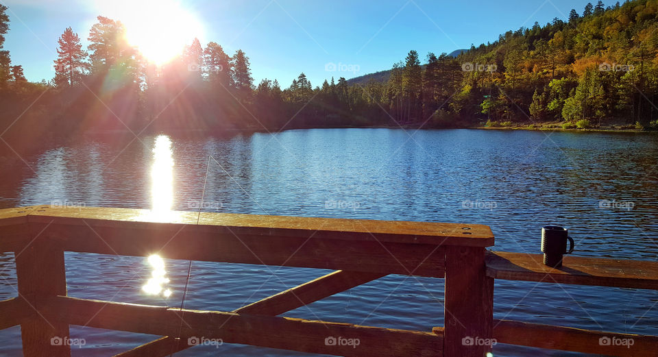 Fishing Lake, Angelus Oaks, Fishing rod, port, pier, sun rays, sunlight, morning