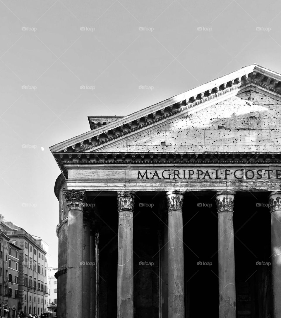 A section of the facade of The Pantheon in Rome, Italy.