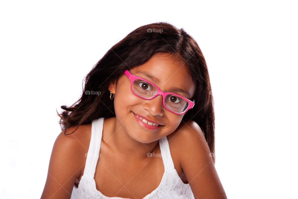 Cute girl with pink glasses, optician concept.