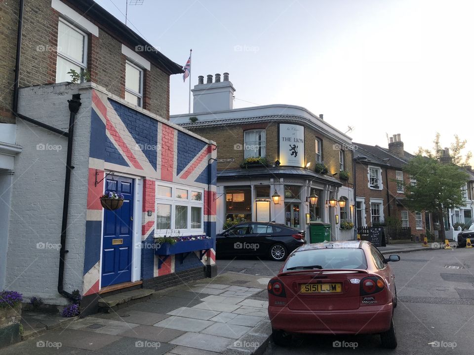 Union Jack mural outside an upscale pub