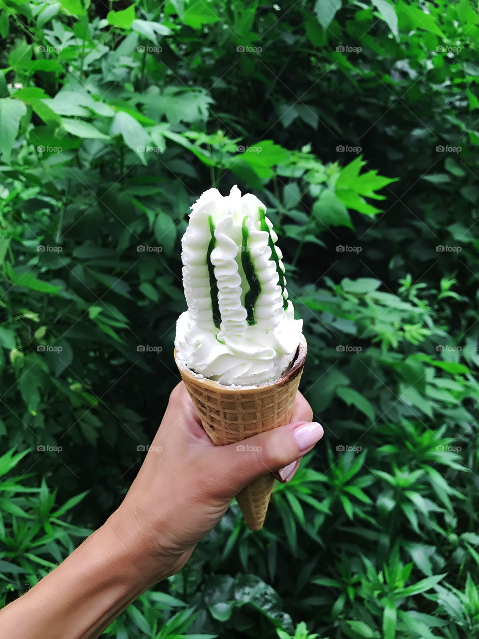 Green ice cream cone in front of green leaves 