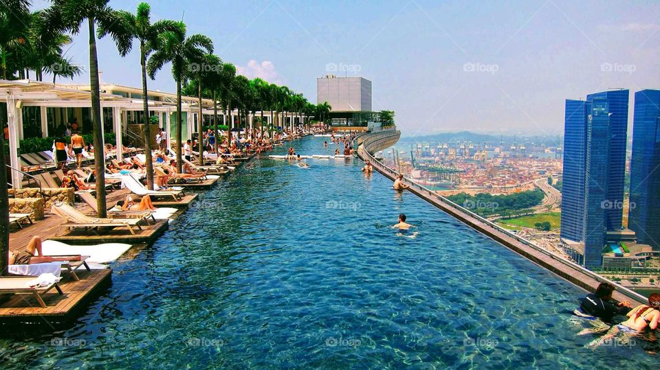 World’s largest rooftop infinity pool at The Marina Bay Sands Hotel in Singapore
