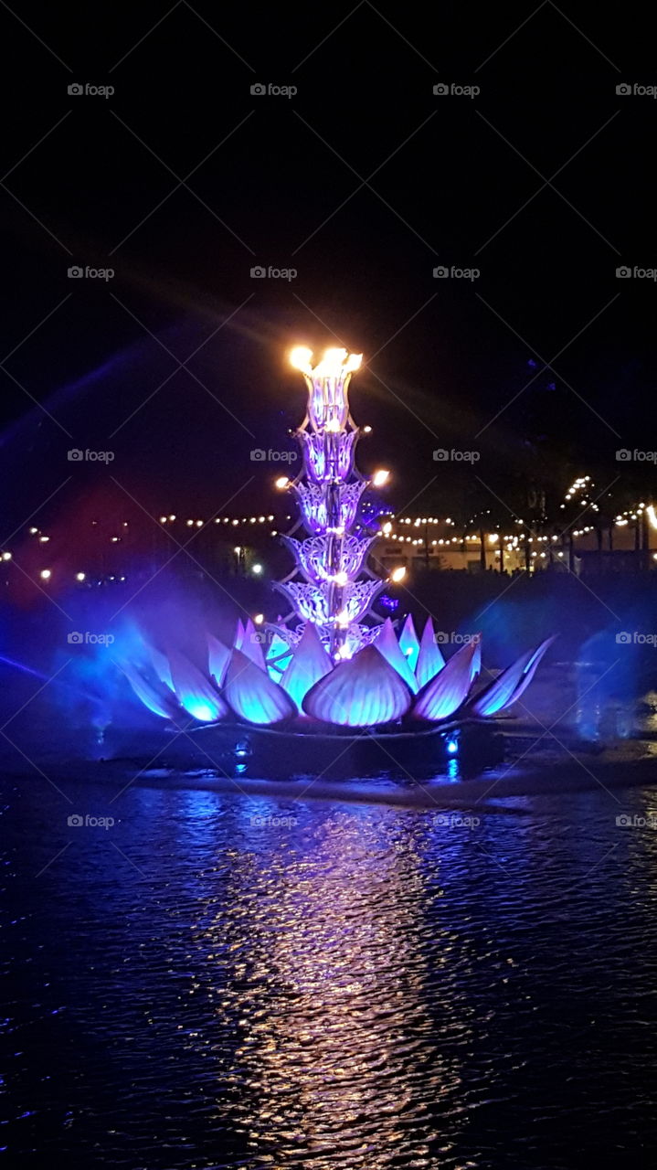 Brilliant blue lights up the waters of the Discovery River during Rivers of Light at Animal Kingdom at the Walt Disney World Resort in Orlando, Florida.