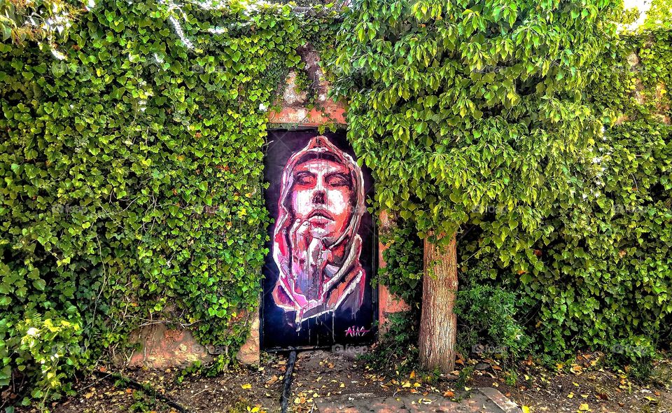 Beautiful mural on a flora covered wall in Kalamata,Greece