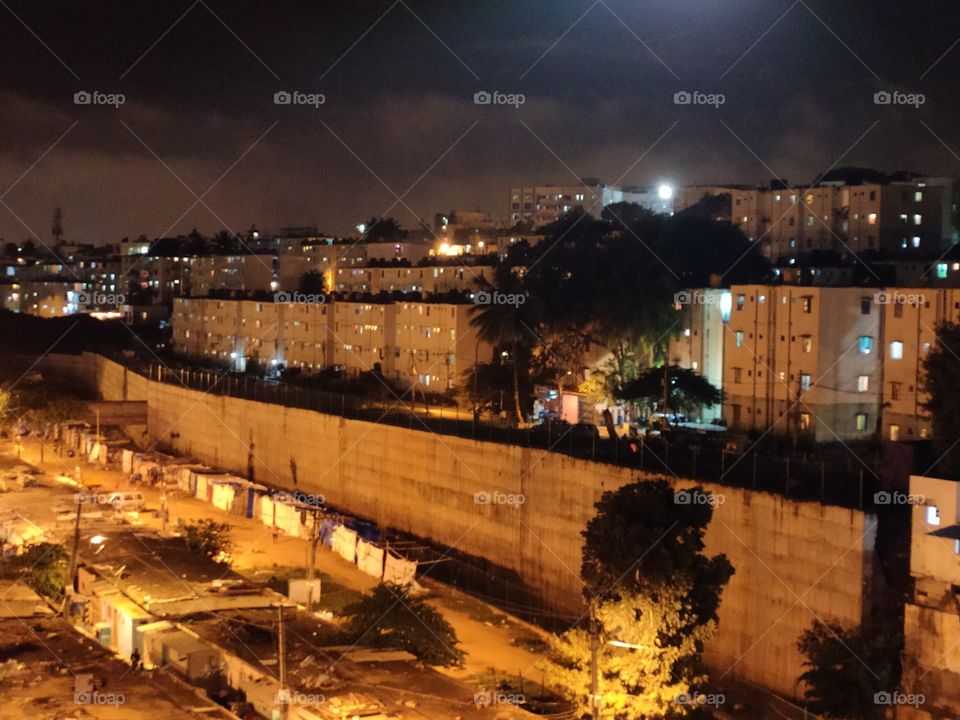 Night mode cityscape view of slum