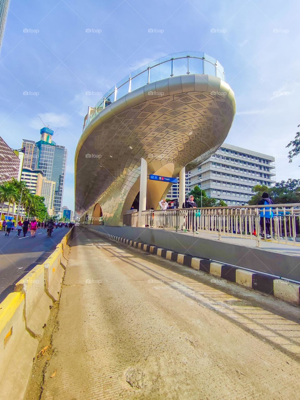 Appearance of the Tosari Bus Stop Building in Central Jakarta at noon.  This new stop was built and inaugurated in 2022. The Tosari stop is built to look like a magnificent ship.