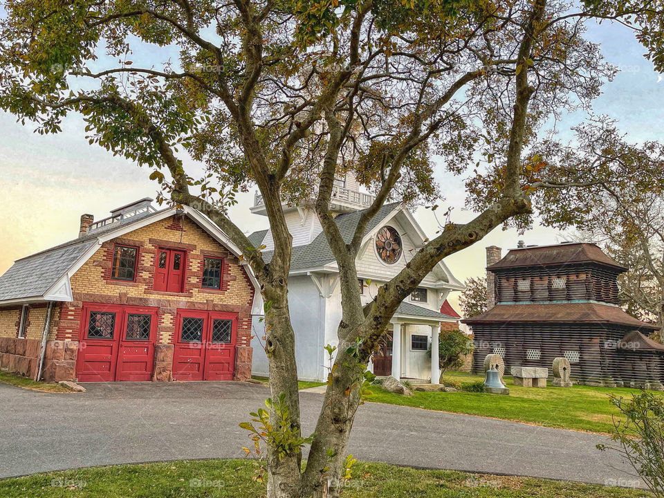 Old buildings behind a tree