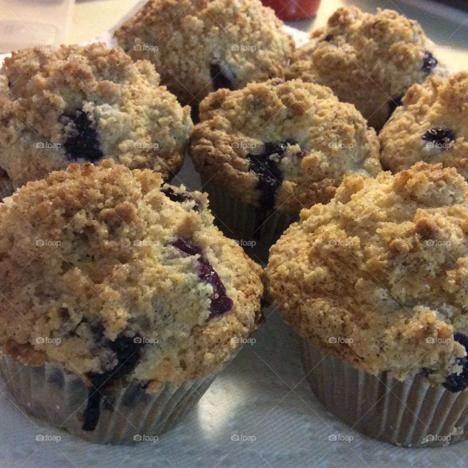 Blueberry muffins, fresh from the oven.