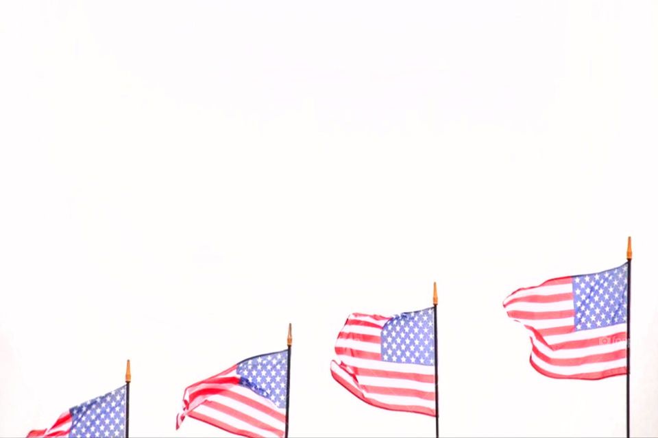 United States flags in a row fluttering in the wind in the colorless sky