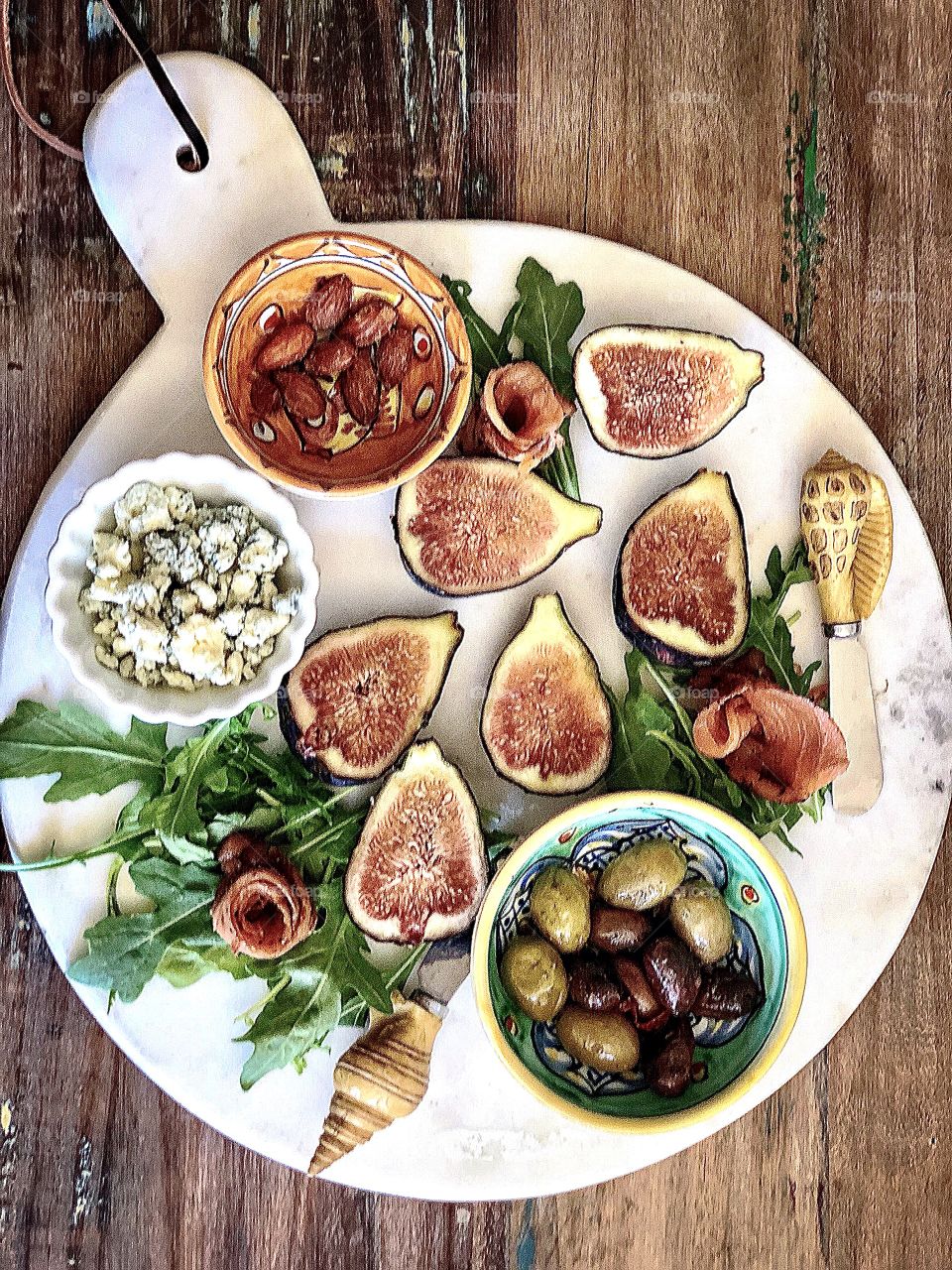 Foap Mission Flat lay! Flat Lay Shot Healthy Happy Hour Snacks  - Figs, Olives Bleu Cheese, Arugula And Salmon!