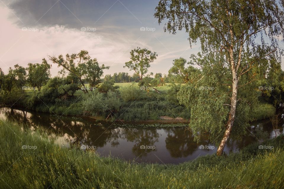 Evening landscape from fish-eye lens 