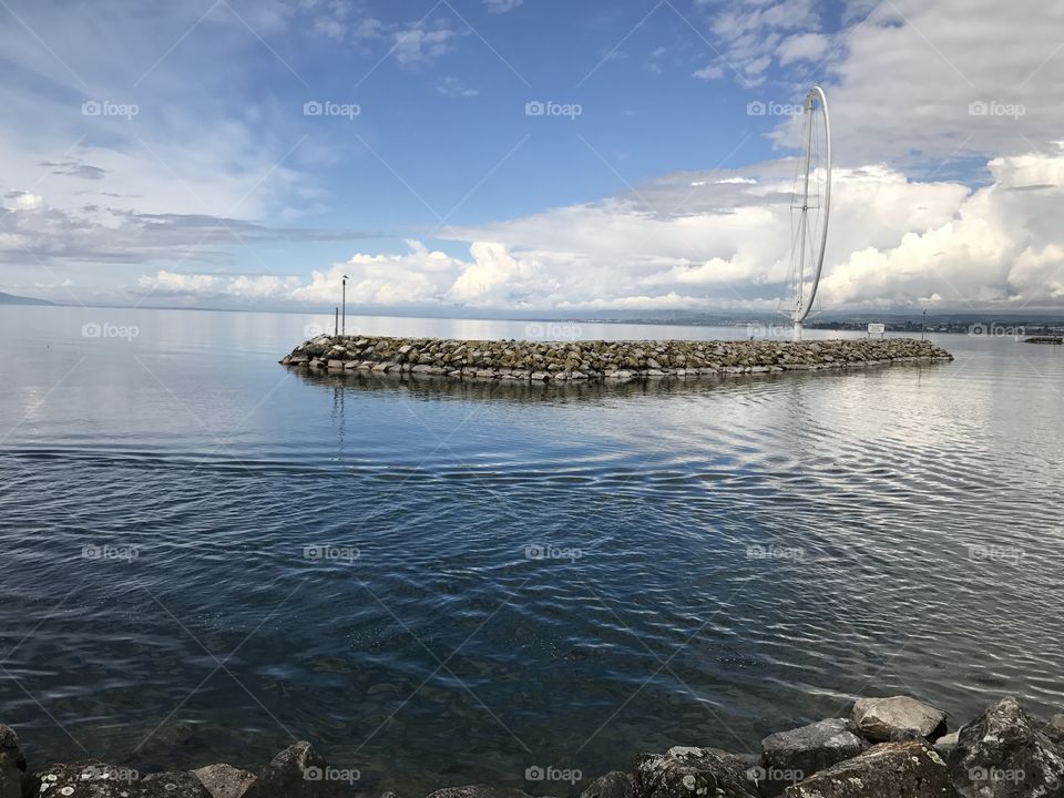 Shoreline of Lake Geneva in Luasanne, Switzerland. 