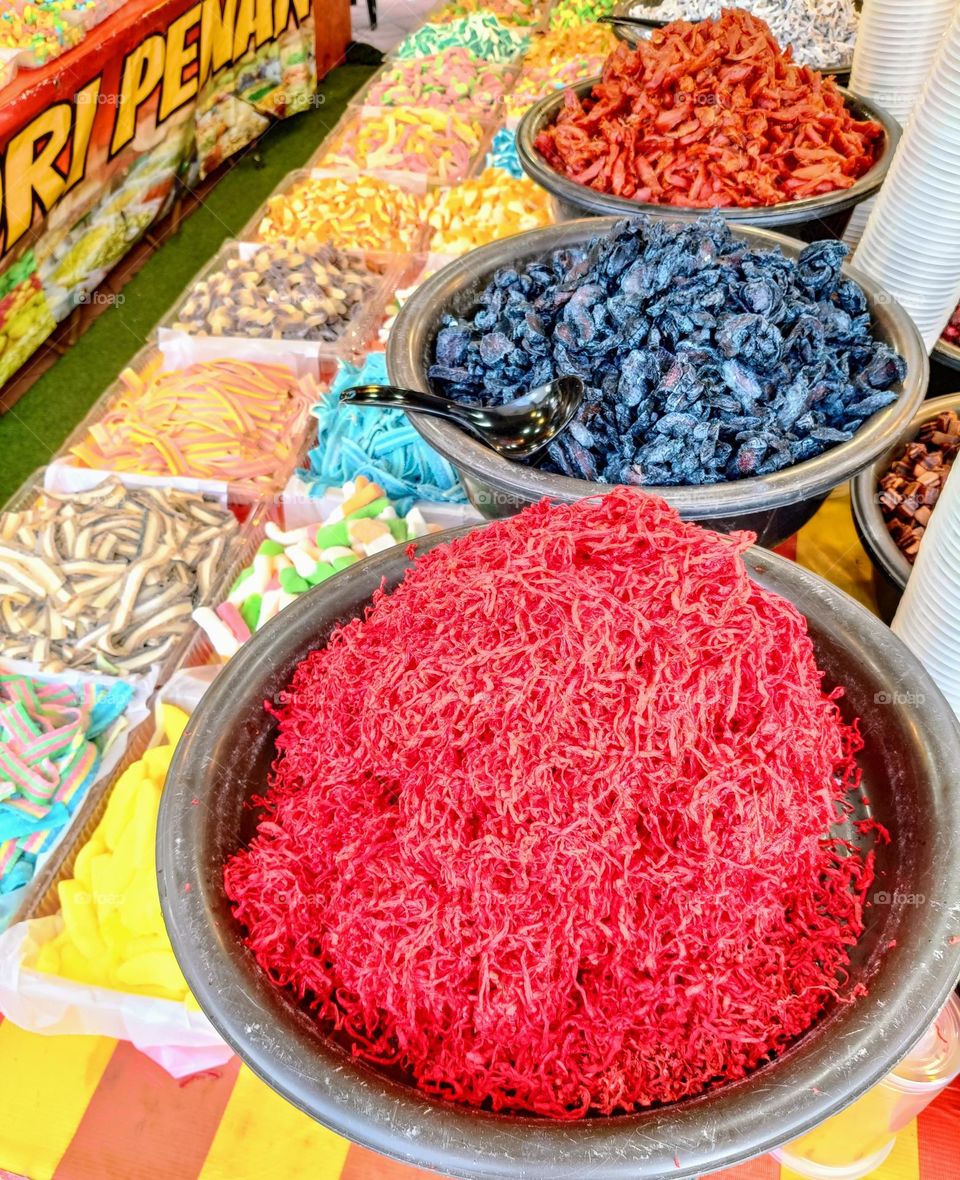 Colorful snacks on display.