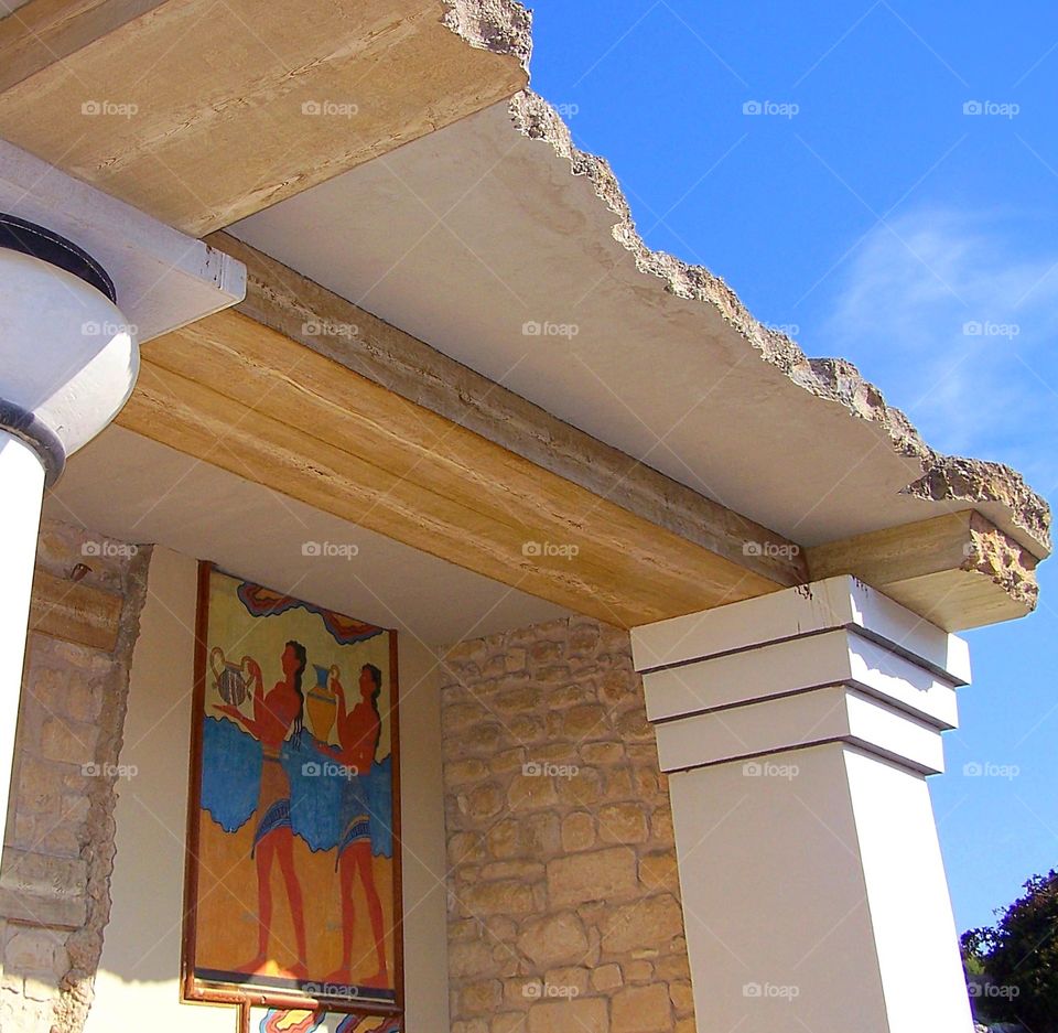 Ruins at Ancient Knossos on the Isle of Crete on the facade of the Temple of Minos