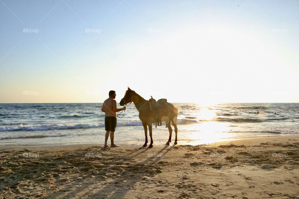 Man and his horse stand in the beach before sunset