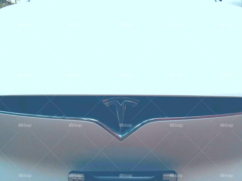 Tesla Logo on front, electric car.