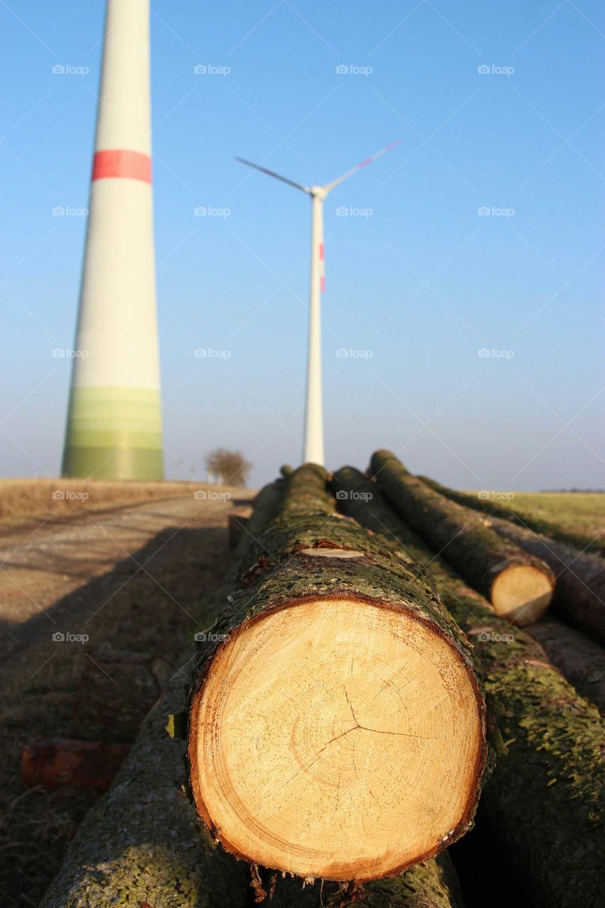 wood stack lying in front of two Wind turbines