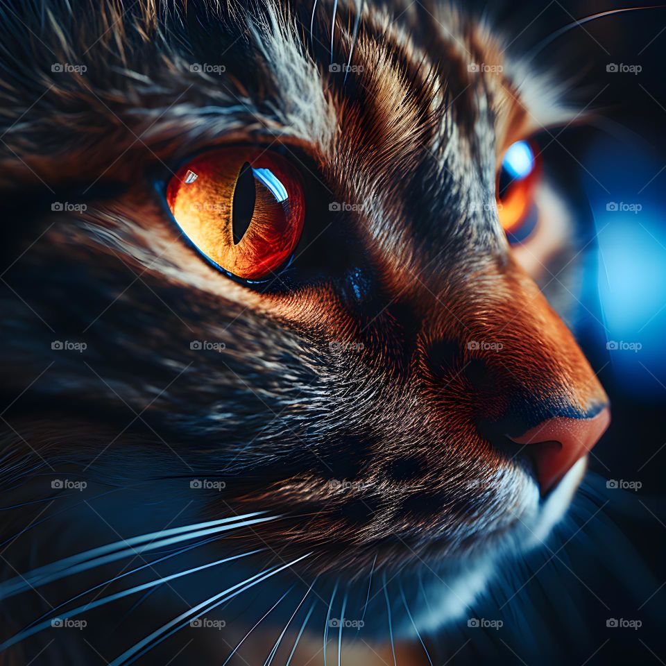 close up of a cat face with round eyes, in the style of vray tracing, photo-realistic techniques