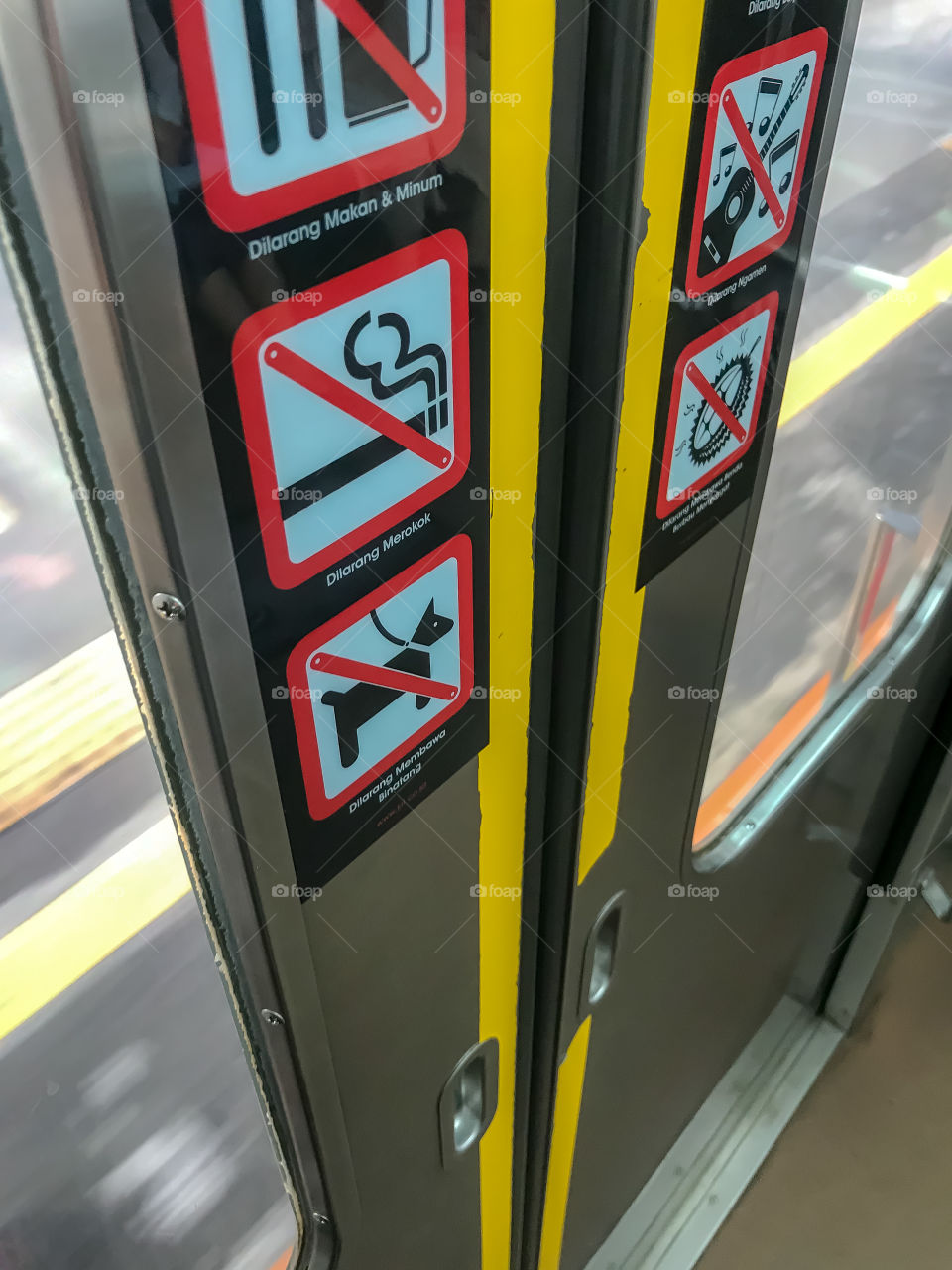 Warning signs on a train’s door