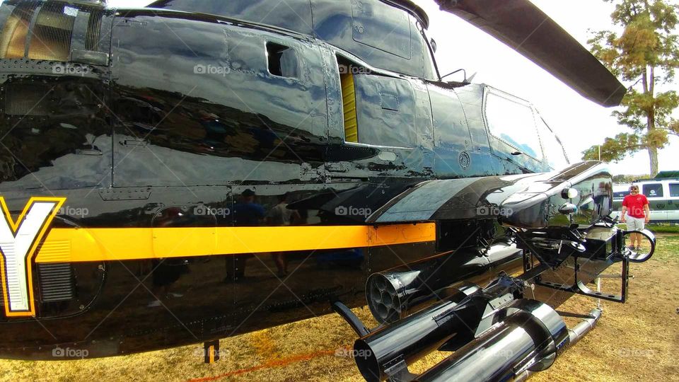 Guns on a vintage U.S. Army helicopter from the Vietnam war.