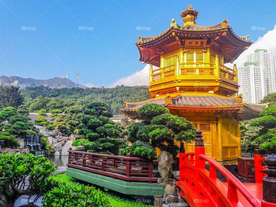 Landmark of Hong Kong - Nan Lian Garden Chinese Classical Garden, Golden Pavilion of Perfection in Nan Lian Garden, Hong Kong on November 2016