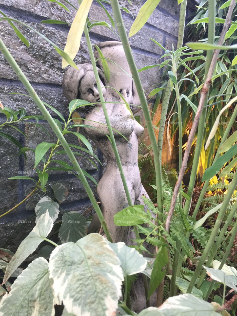 Naked woman statue hides amongst the landscaping of a local garden