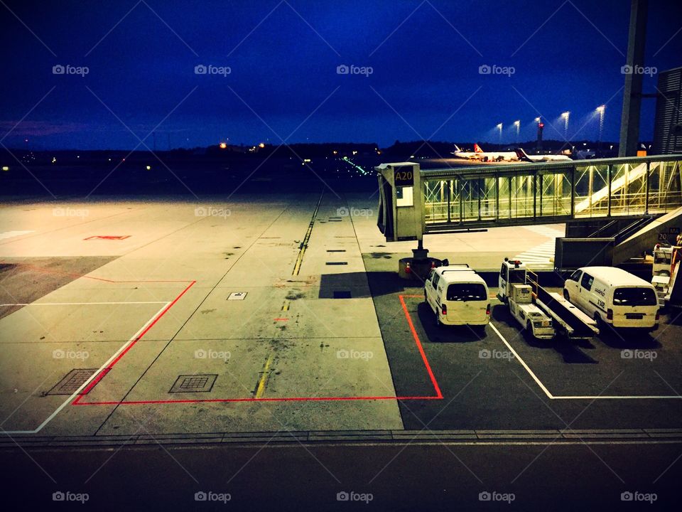 Night at Oslo Airport, airside. Took the picture tonight as I was working. 
An Airport is wonderful at night!