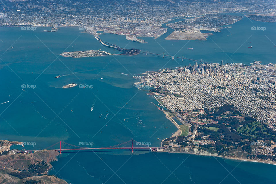 Aerial view of San Francisco, the bay and Golden Gate Bridge