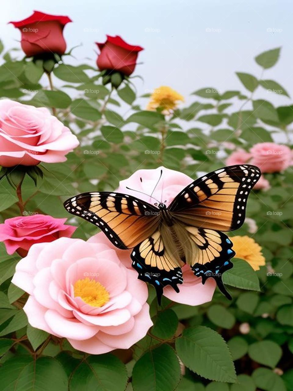 A butterfly lands on roses
