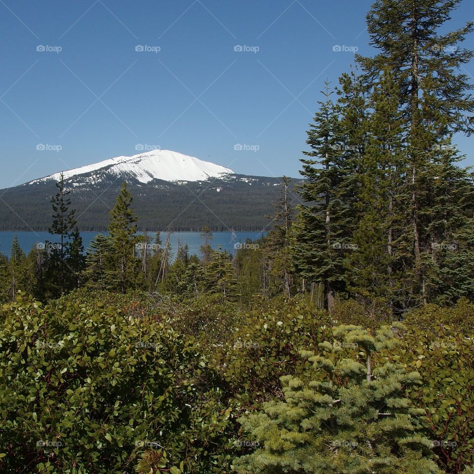 View of the partially snow covered hills encompassing Diamond Lake in the Umpqua National Forest in Southern Oregon on a sunny spring day. 
