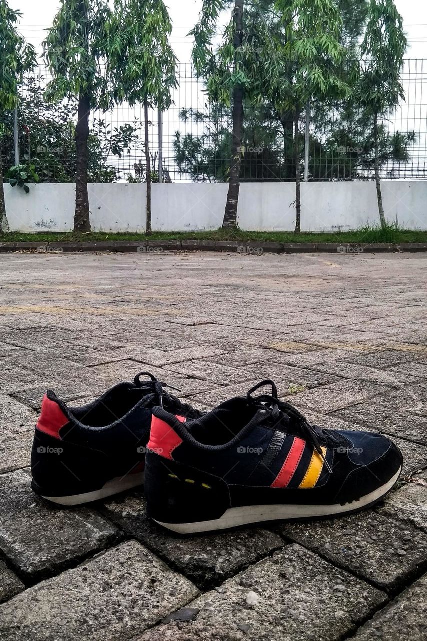 a pair of black shoes with colorful accents placed on a rocky floor, with a tree and fence in the background