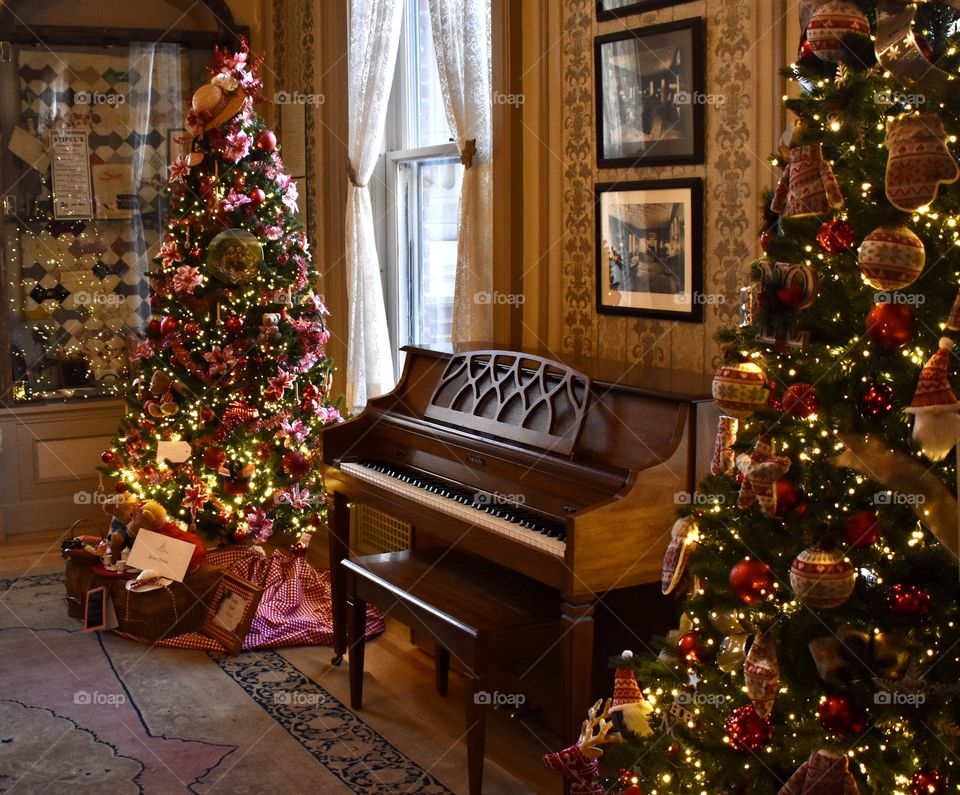 Decorated Christmas trees and a piano 