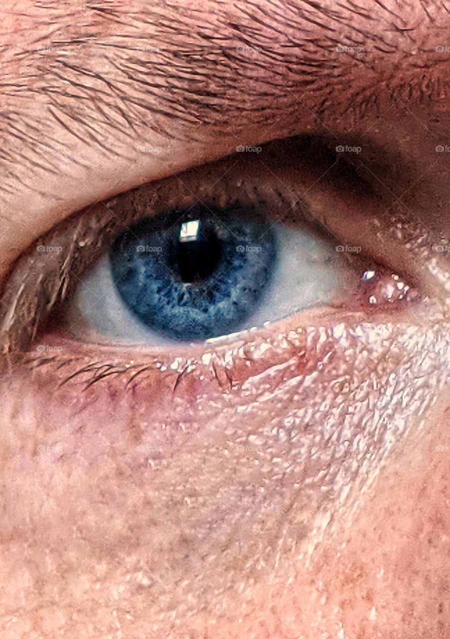 a close up of a male eye. the eye is blue.