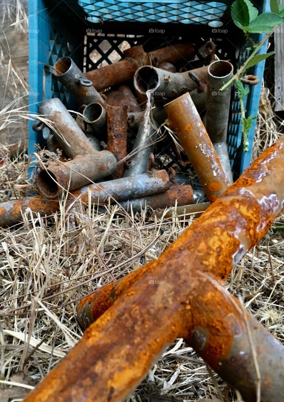 Old rusty pipe in color laying in grass 