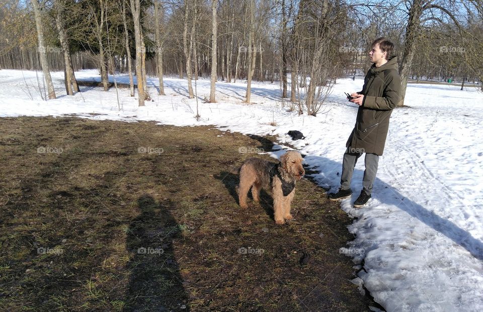 man and dog pet landscape in the solar park winter background