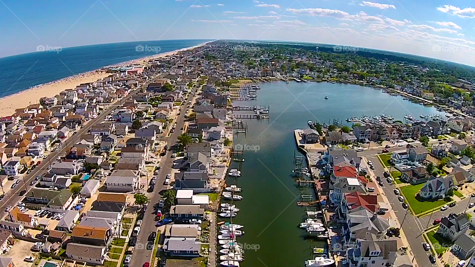 Aerial of the Jersey Shore. Aerial photograph of the bay with the Jersey Shore in the background.