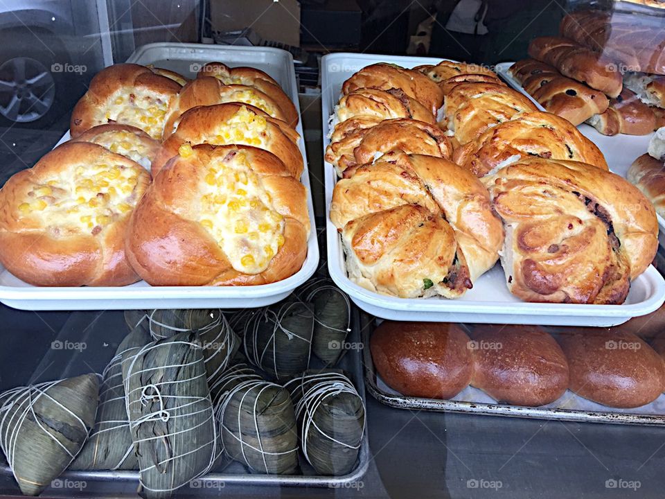 Bakery window with pastries