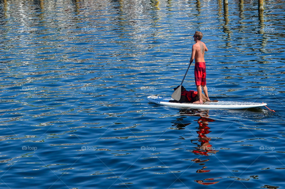 Young man and his dog on a paddle boat