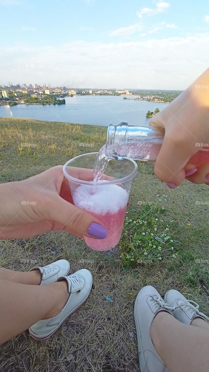 picnic with a friend, moments that delight, landscape, top view, champagne, glasses, female hands, summer, grass, mountains