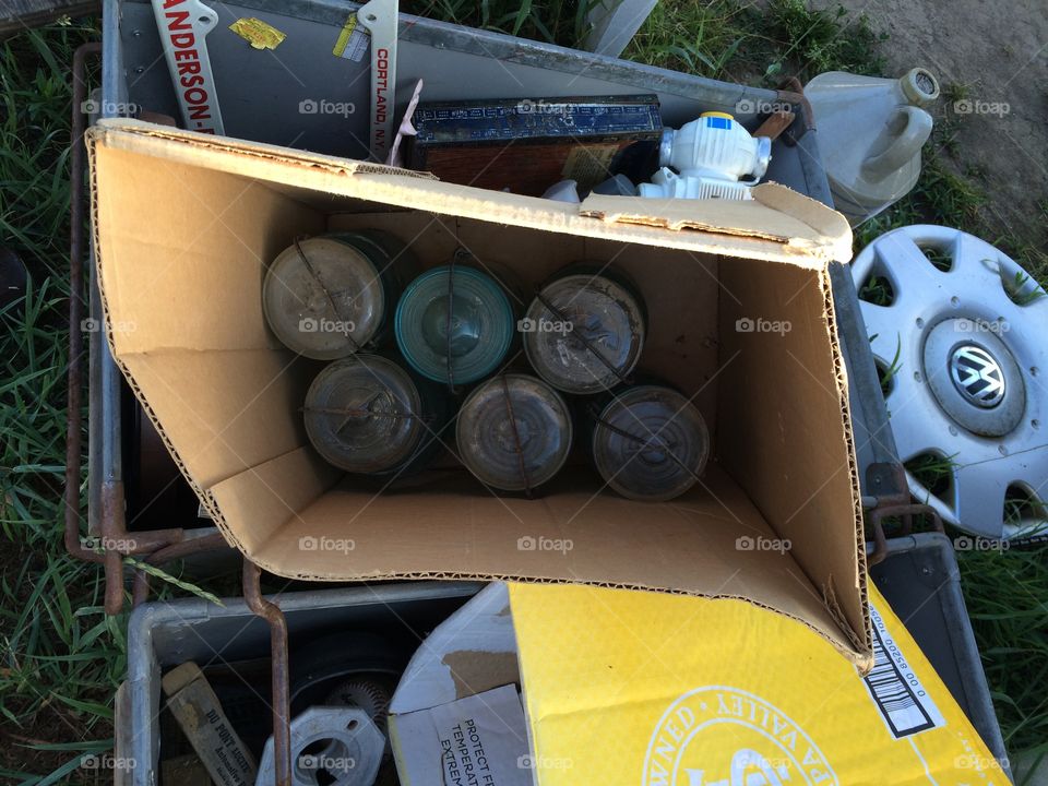 Antique canning jars in a box