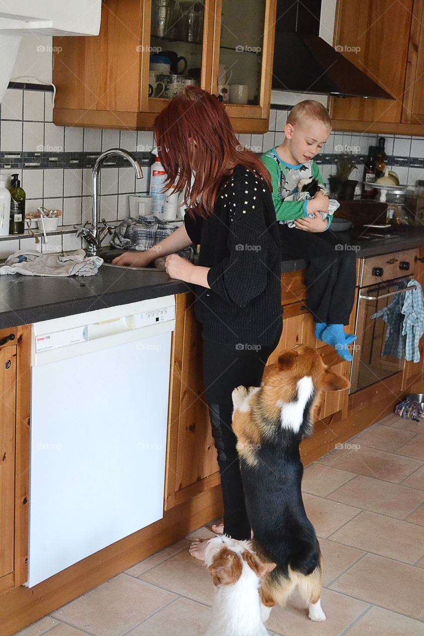 Siblings in the kitchen with the family pets