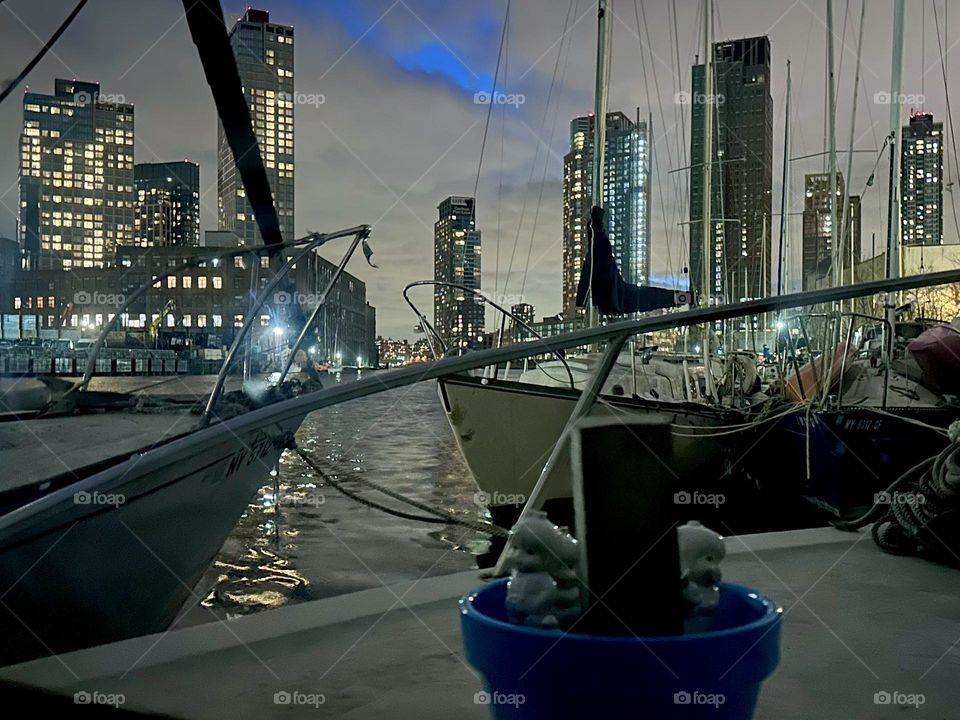 This is “Newtown Creek” by the “Pulaski Bridge” in LIC, Queens seen from aboard “Salvation”, the “28 ft 1969 Luhrs” cabin cruiser that I and my longtime partner “Timothy Trespas” call home. Don’t call late for dinner !!! 2024. Hypnotic Productions