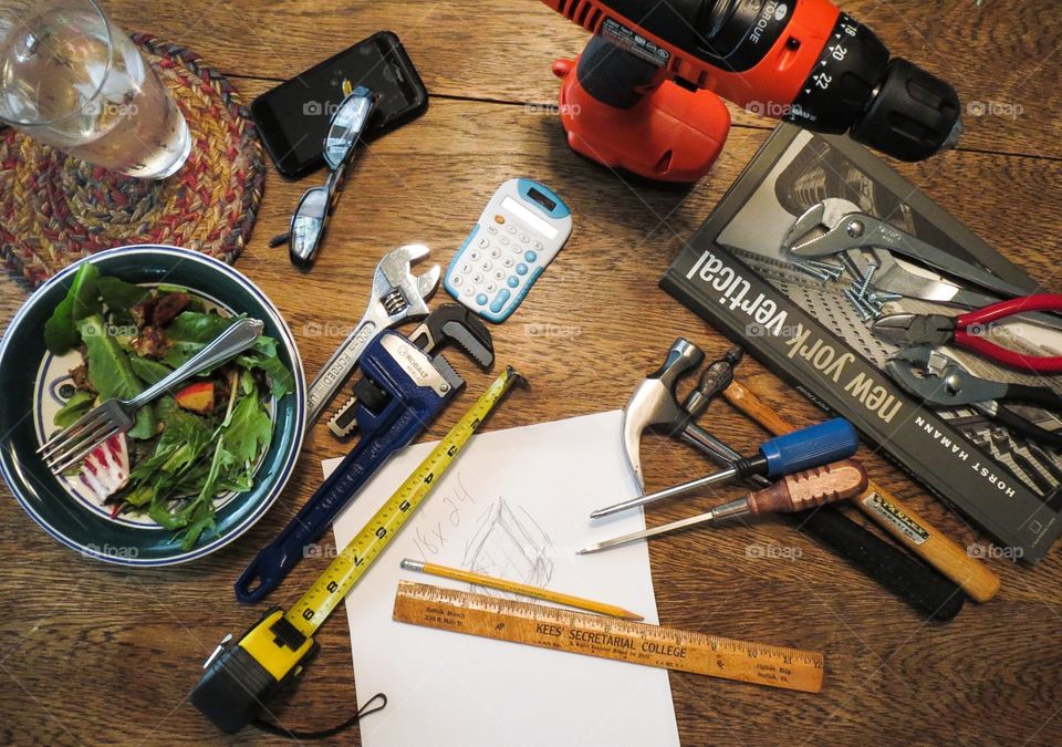Desk View on RepairProject Day. A desk and tools of a different sort, for a handy woman,  taking on renovations and building.
